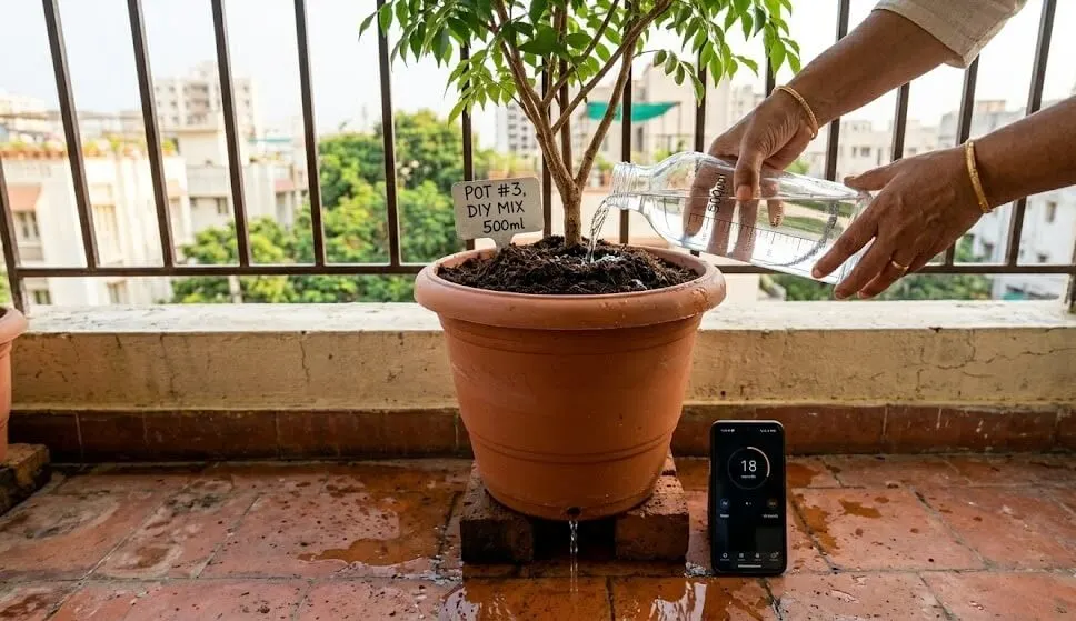 500ml drainage test on container — stopwatch showing 18 seconds, water flowing freely