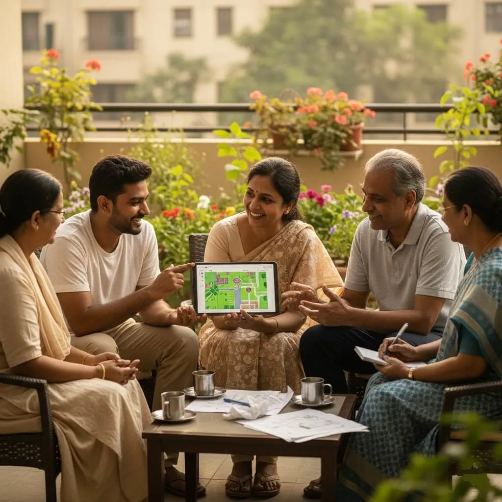 Community garden planning meeting with diverse members discussing garden layout and organization