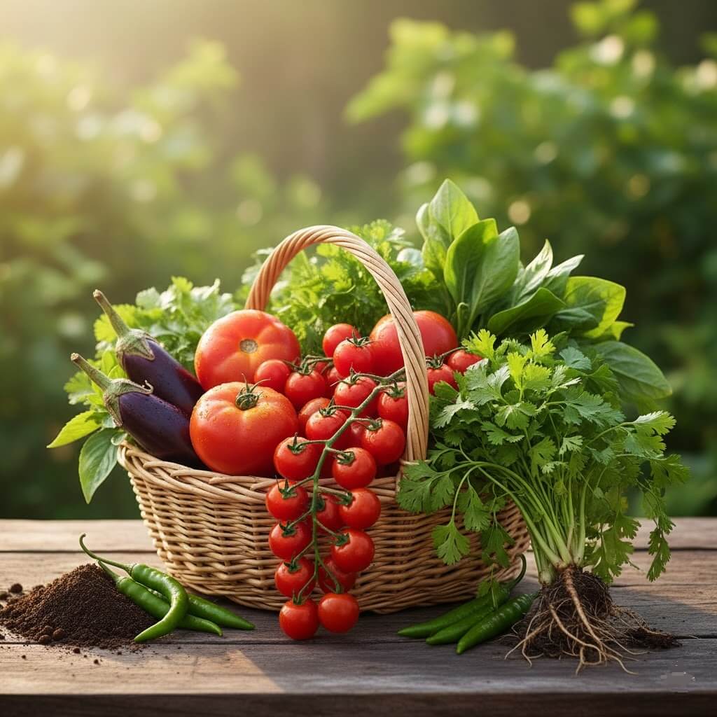 Abundant fresh organic harvest from community garden including tomatoes, herbs, leafy greens, and vegetables