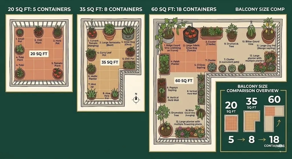 Balcony size guide showing container counts for Indian apartments from 20 to 60 sq ft