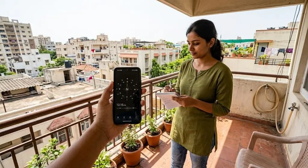 Indian woman measuring sunlight hours on apartment balcony using phone compass at noon