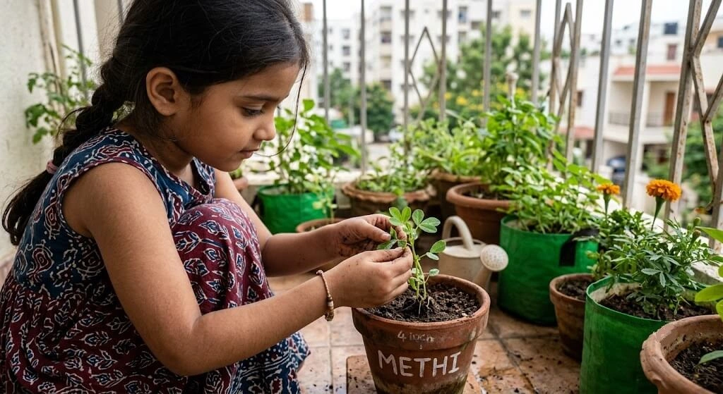 Indian child learning plant biology container garden