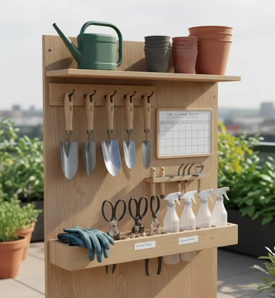 Organized shared gardening tools and equipment on shelves showing community resource management