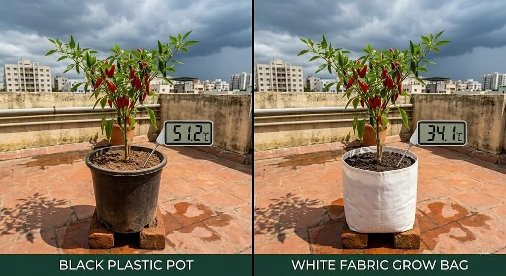 Black plastic 51°C vs fabric grow bag 34°C — side-by-side root zone temperature in May