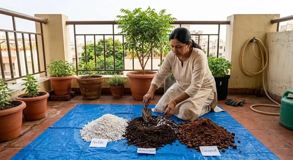 Indian woman mixing cocopeat perlite vermicompost on blue tarp on balcony floor