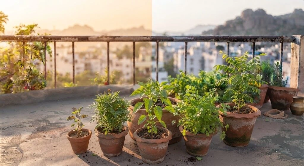 five container beginner urban garden setup India