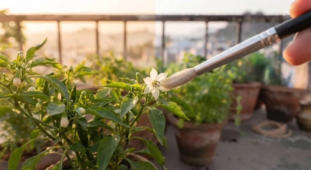 hand pollination chilli flower brush high rise balcony