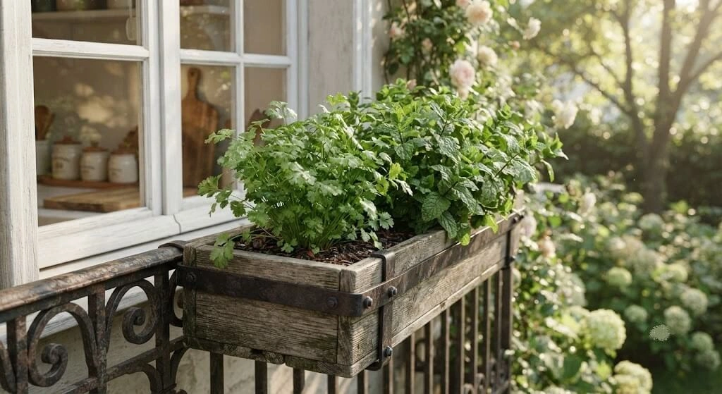 kitchen window box planter herbs Indian apartment