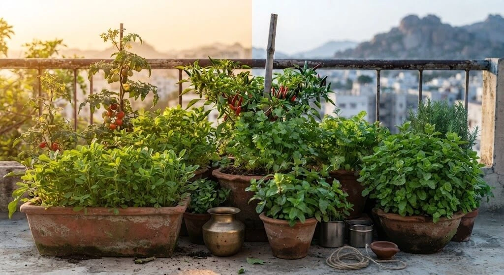 methi dhania pudina herb containers Indian balcony