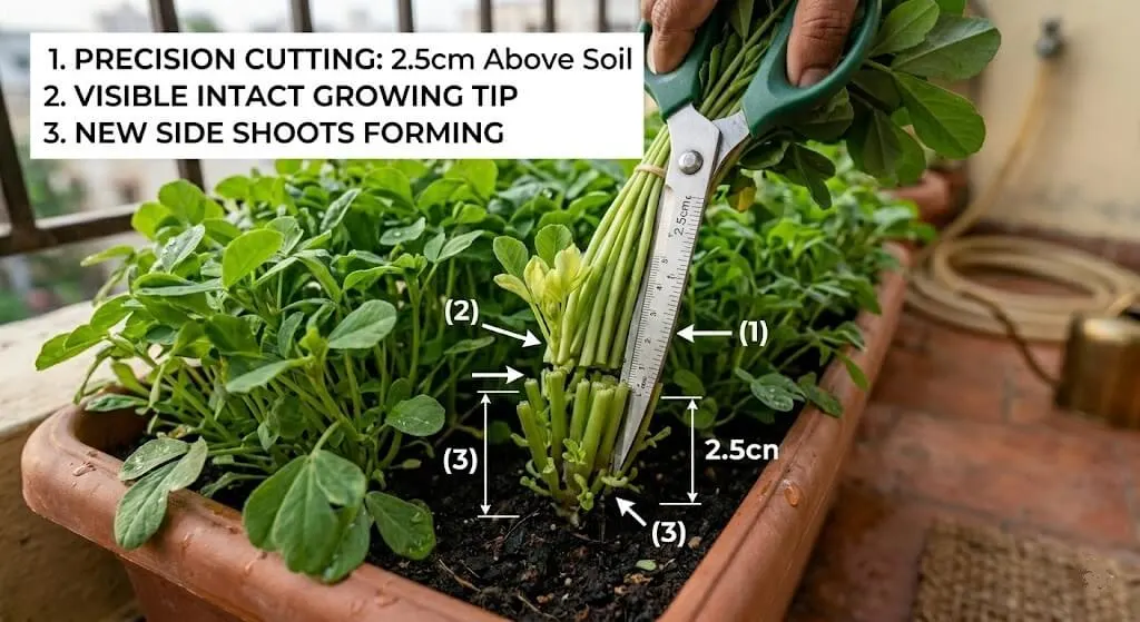 Correct methi harvest — scissors cutting 2cm above soil, central growing tip untouched