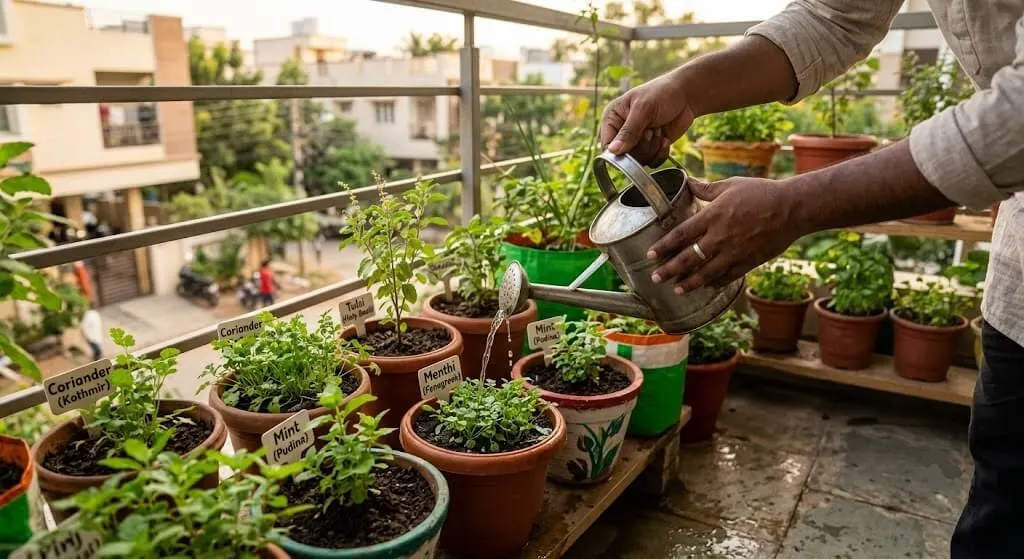 calming morning watering routine India balcony garden