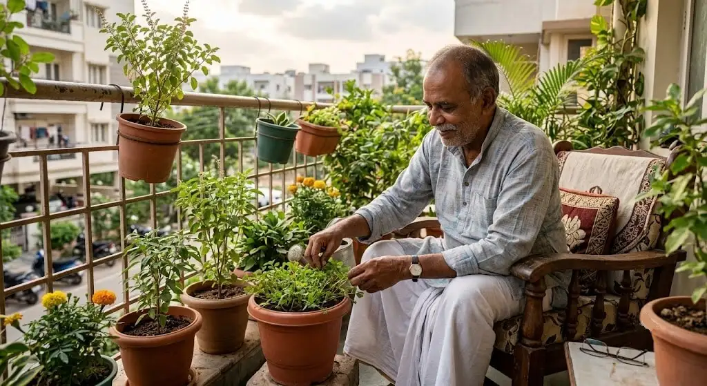 elderly Indian senior citizen gardening balcony wellness