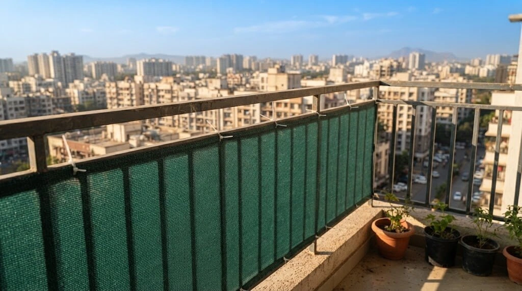 shade cloth windbreak installation Indian high floor balcony