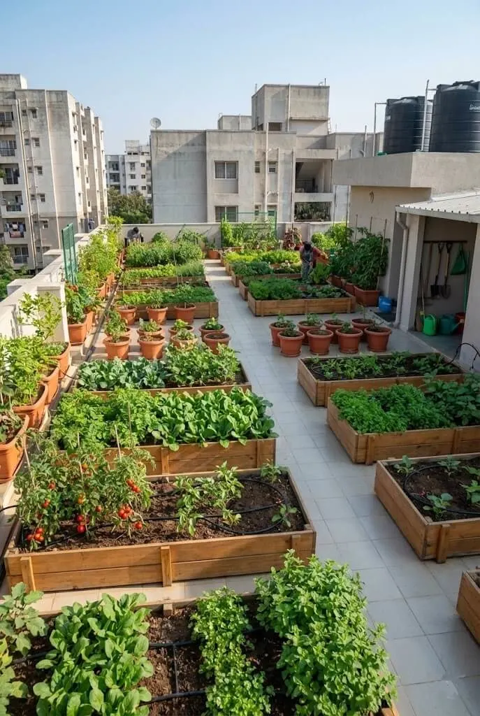 Thriving 800 sq ft community garden on apartment rooftop with organized raised beds and abundant vegetables