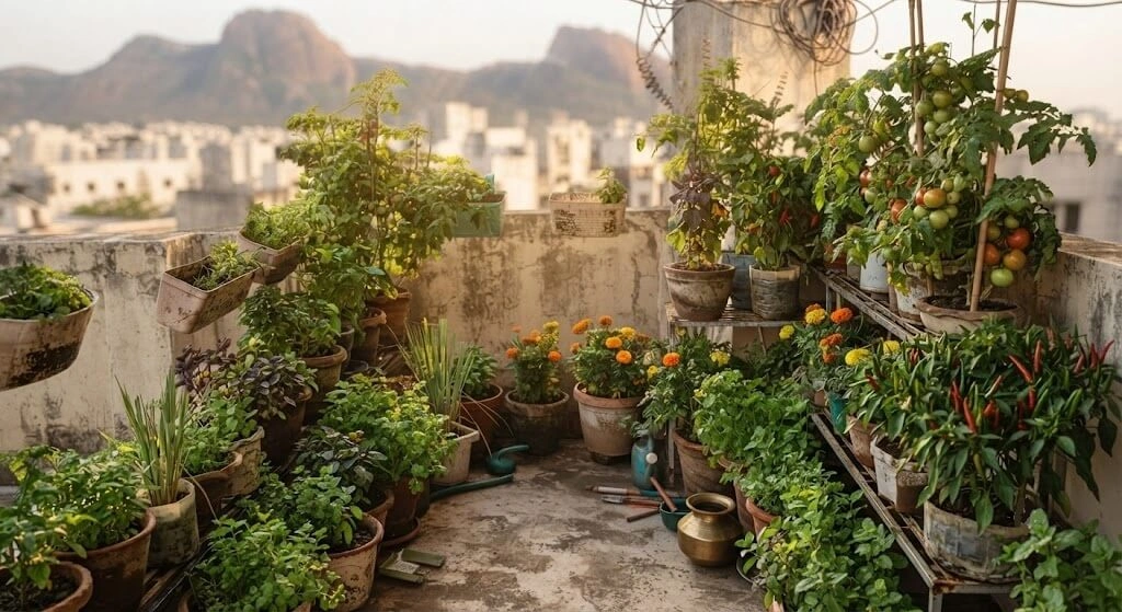 thriving south facing balcony garden harvest India