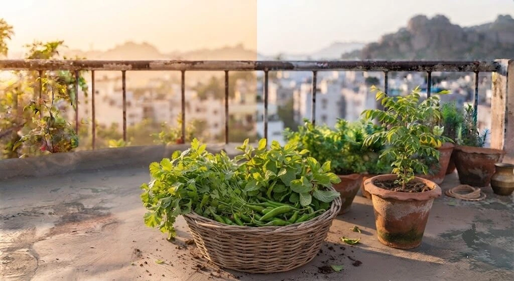 thriving urban garden harvest basket Indian balcony