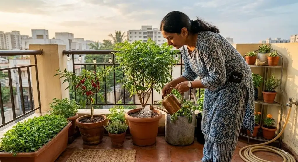 Indian woman watering balcony at 6 AM with phone showing time, morning light