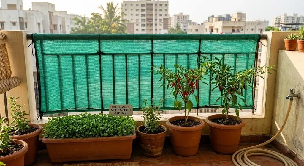 Green 60% shade cloth windbreak tied to apartment balcony railing with plants behind