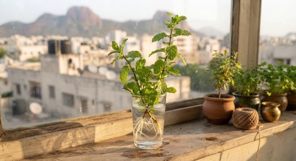pudina mint cutting propagating in glass of water