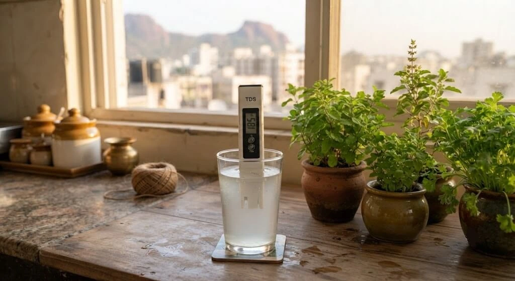 TDS meter testing tap water for herb garden India