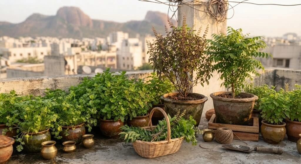 thriving Indian balcony herb garden harvest basket
