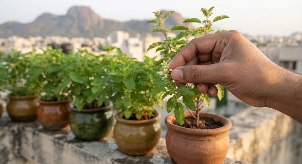 pinching tulsi flower buds for continuous harvest