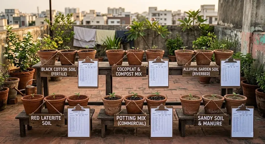 12-month soil test setup on Madanapalle terrace — 6 container groups labelled | After testing section
