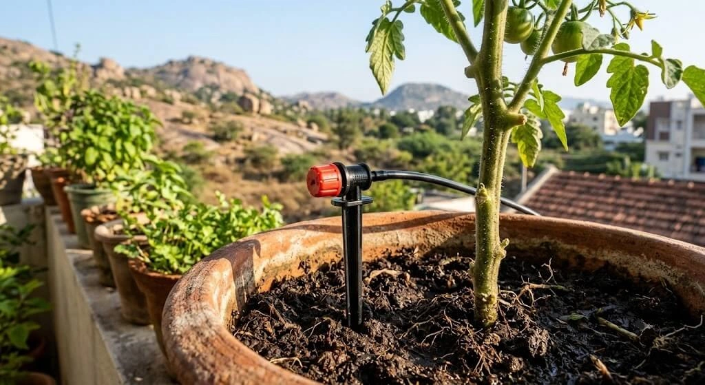 adjustable drip emitter staked in container near plant stem