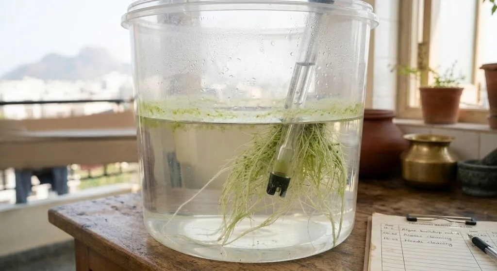 Green algae growth warning sign in a hydroponic reservoir