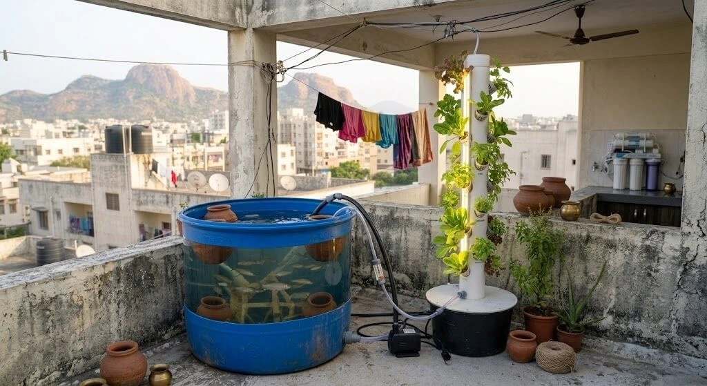 Fish tank connected to a vertical hydroponic tower in an aquaponics setup