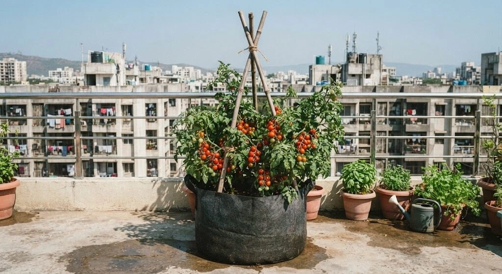 Staked cherry tomato plants thriving on an Indian rooftop
