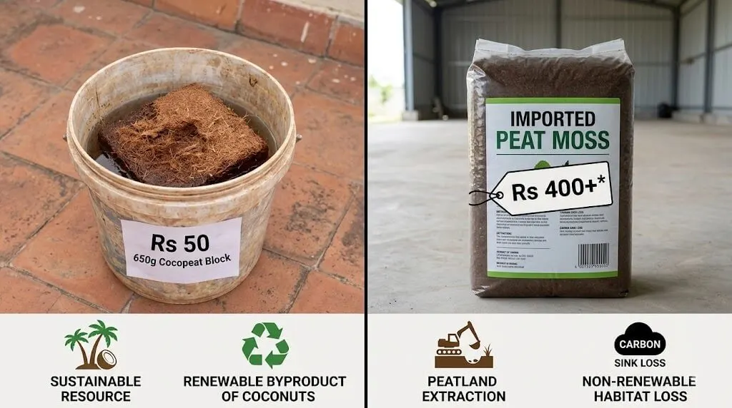 Cocopeat block expanding in water vs imported peat moss — cost and sustainability comparison