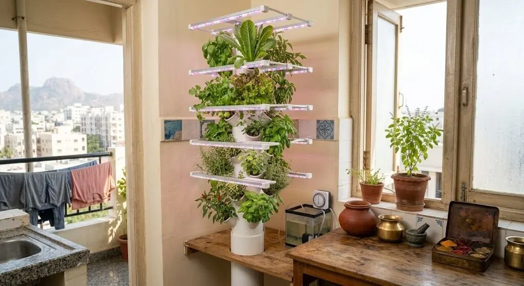 Commercial vertical hydroponic tower in a Delhi apartment