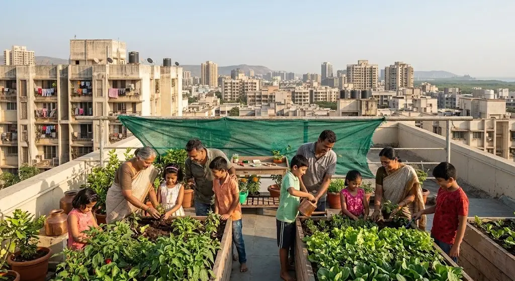 Families tending a shared community rooftop garden in Navi Mumbai
