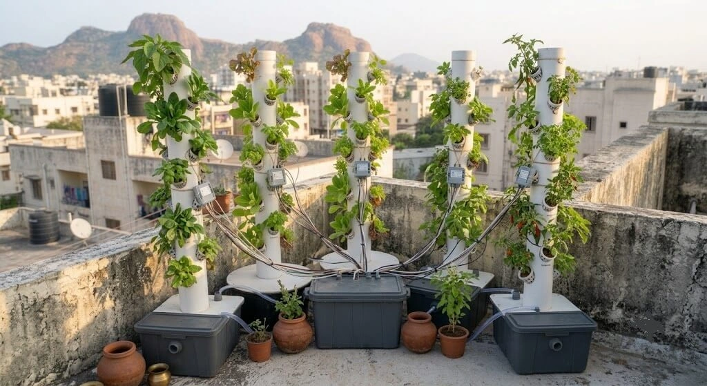 Three connected vertical hydroponic towers sharing one central reservoir on a terrace