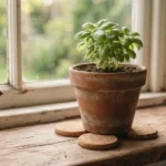 Cork pads protecting a windowsill under a terracotta herb pot