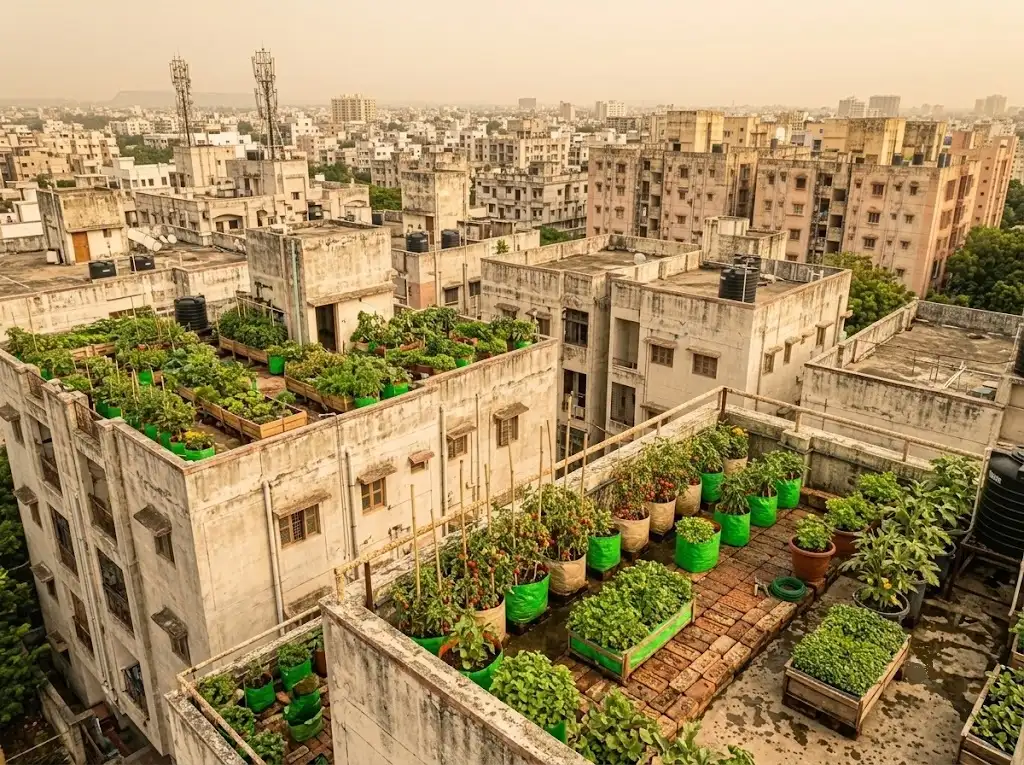 Wide view of rooftop farming installations across a Delhi residential building