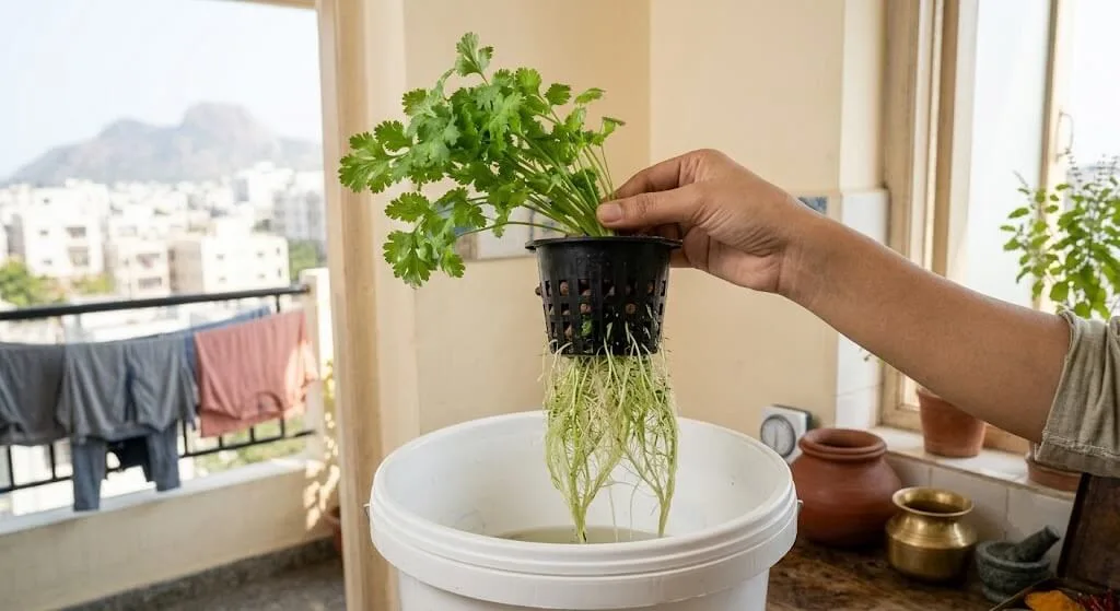 Fresh coriander harvested from a hydroponic system