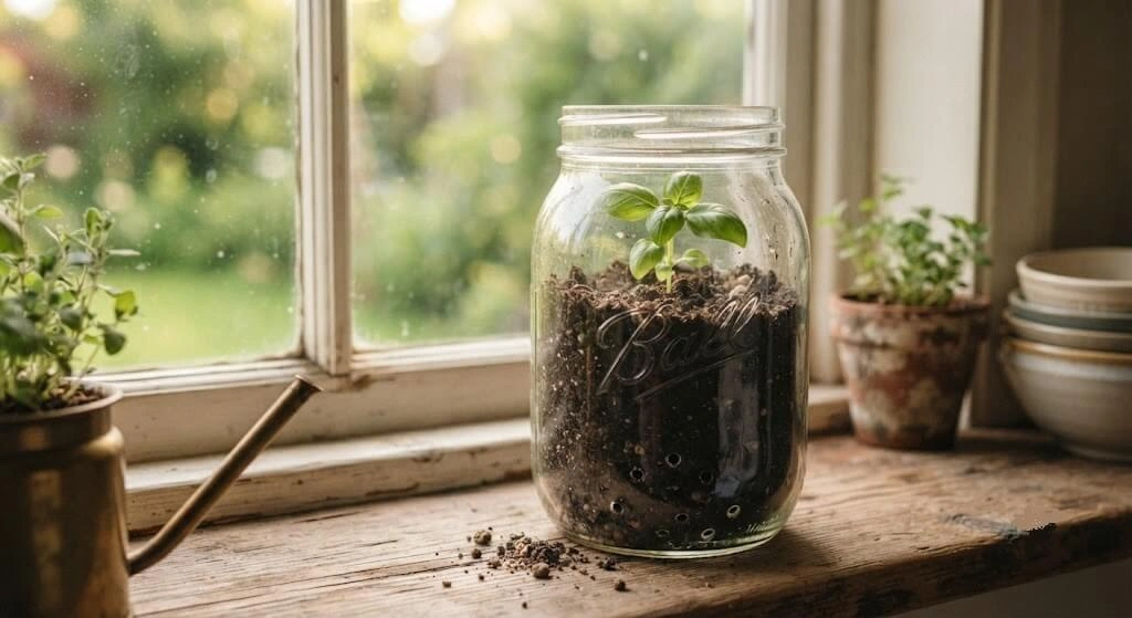 DIY mason jar repurposed as a windowsill herb planter