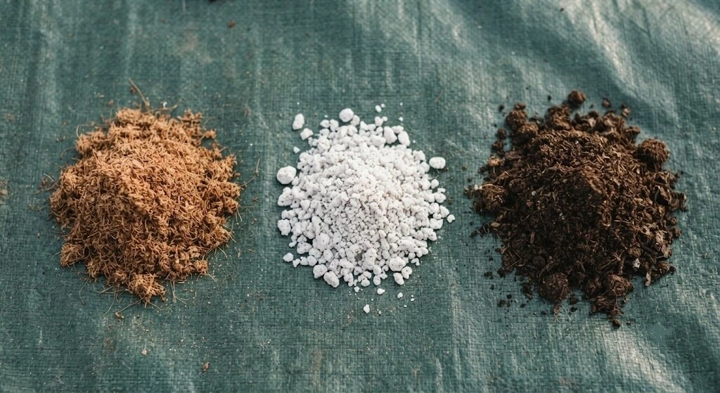 Cocopeat, perlite, and compost measured for a DIY rooftop soil mix