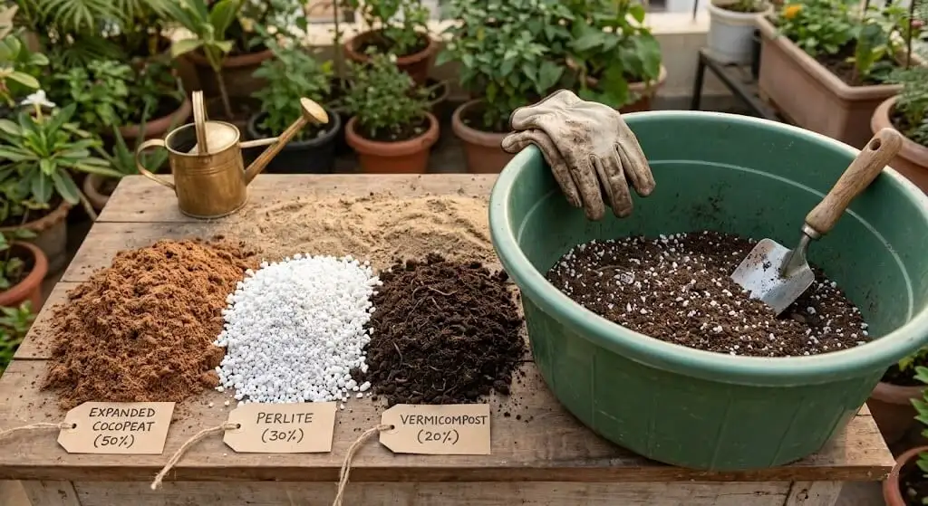 DIY container soil recipe — cocopeat, vermicompost, sand, garden soil measured portions