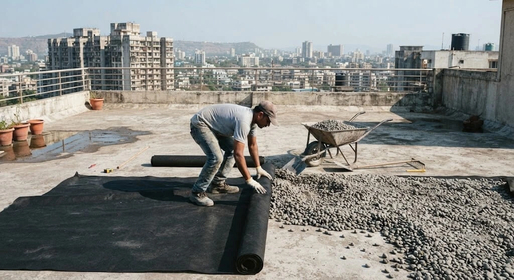 Geotextile fabric and gravel drainage layer being installed on a rooftop
