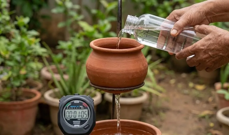 500ml drainage test on container — stopwatch showing 65 seconds, water flowing freely