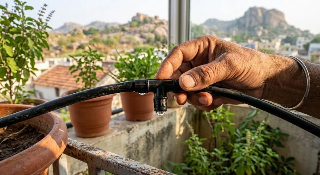 checking drip irrigation tubing connections for leaks