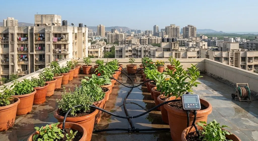 Automated drip irrigation system installed on an Indian rooftop garden