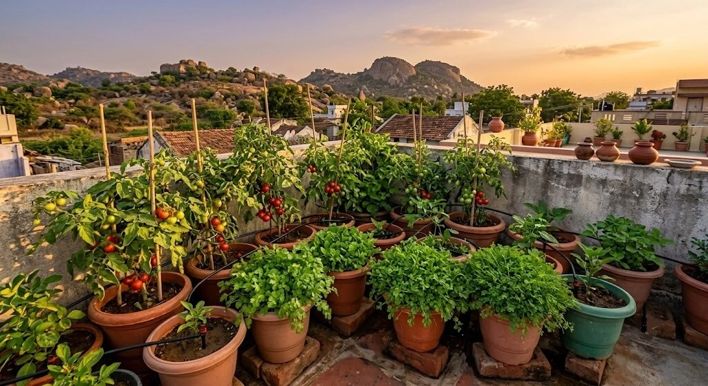 thriving Indian balcony container garden with drip irrigation