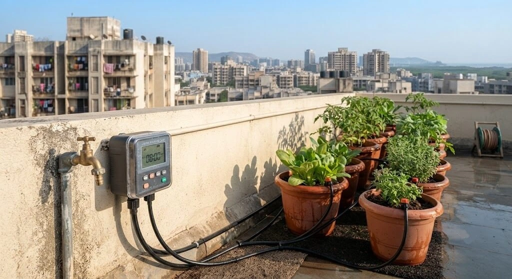 Drip irrigation system with timer on an Indian rooftop garden