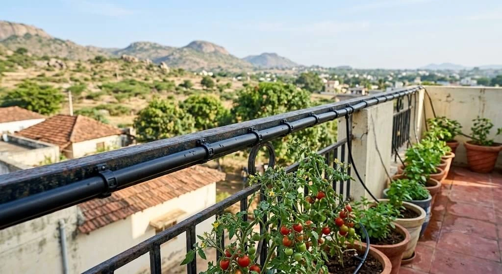 16mm drip irrigation mainline secured to balcony railing