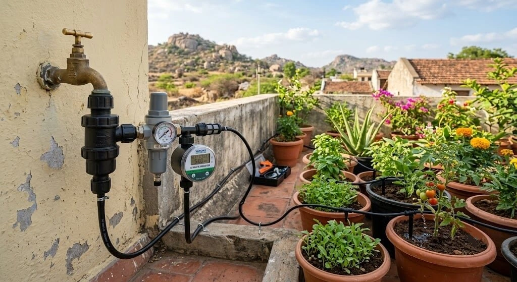 drip irrigation tank Outdoor tap system installed on Indian balcony containers