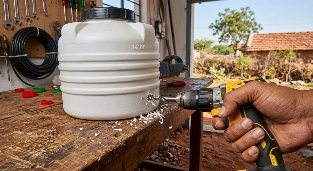 drilling hole in water tank for drip irrigation adapter